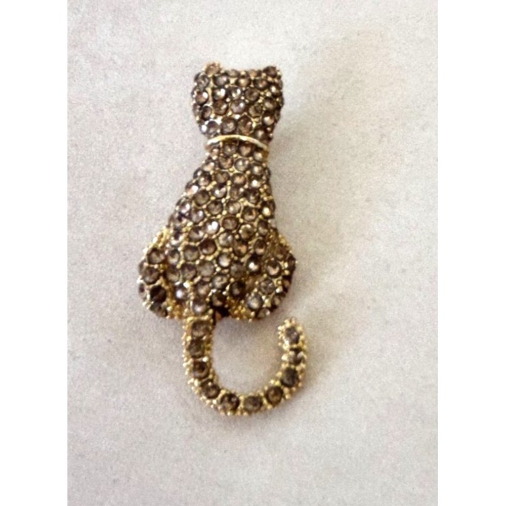 Womens Cat Shaped Brooch Pave Brown Rhinestone Gold Tone Pin 2" VGUC